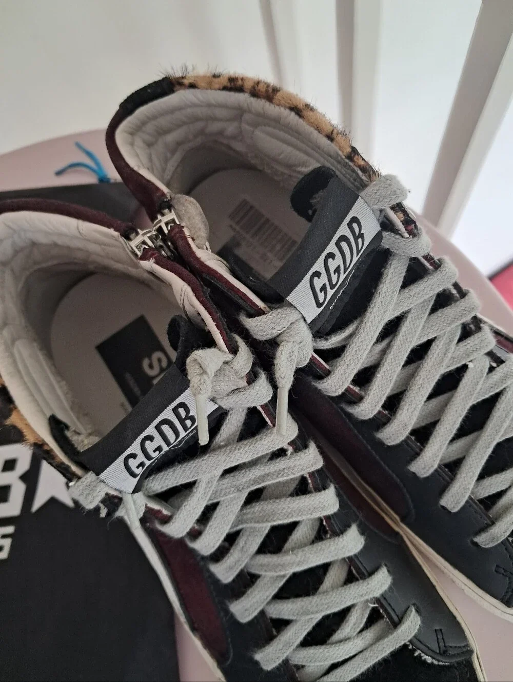 Golden Goose Sneakers Women's 38 8 Slide High Top Burgundy Leopard Calf Hair
